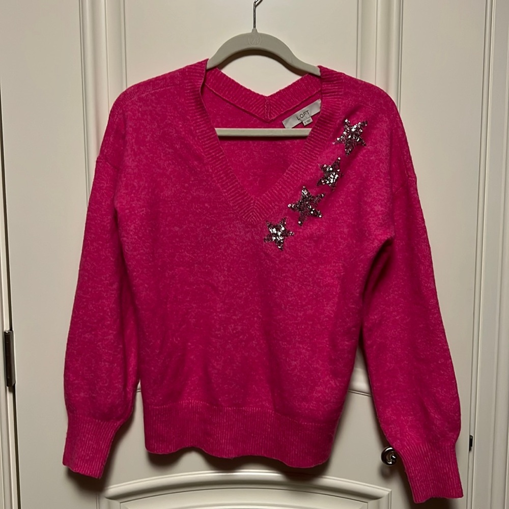 Loft hot pink sweater with sequin stars.  Good condition